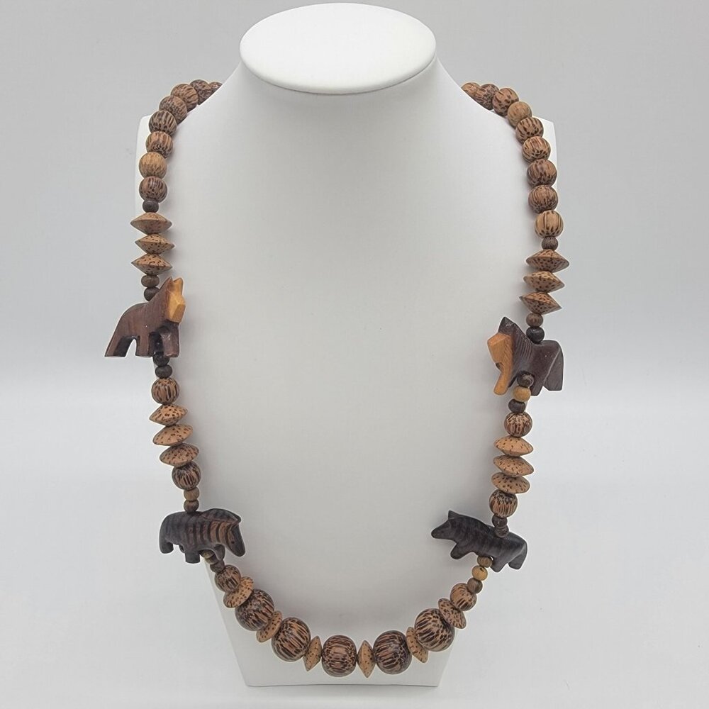 Vintage Hand Carved African Safari Wood Necklace Zebras‎ Wolves Detailed Beads